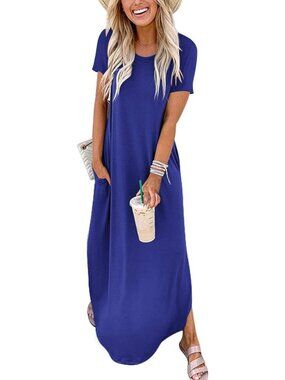 Women Royal Blue Summer Maxi Dress Short Sleeve Casual Split Beach Long T Shirt